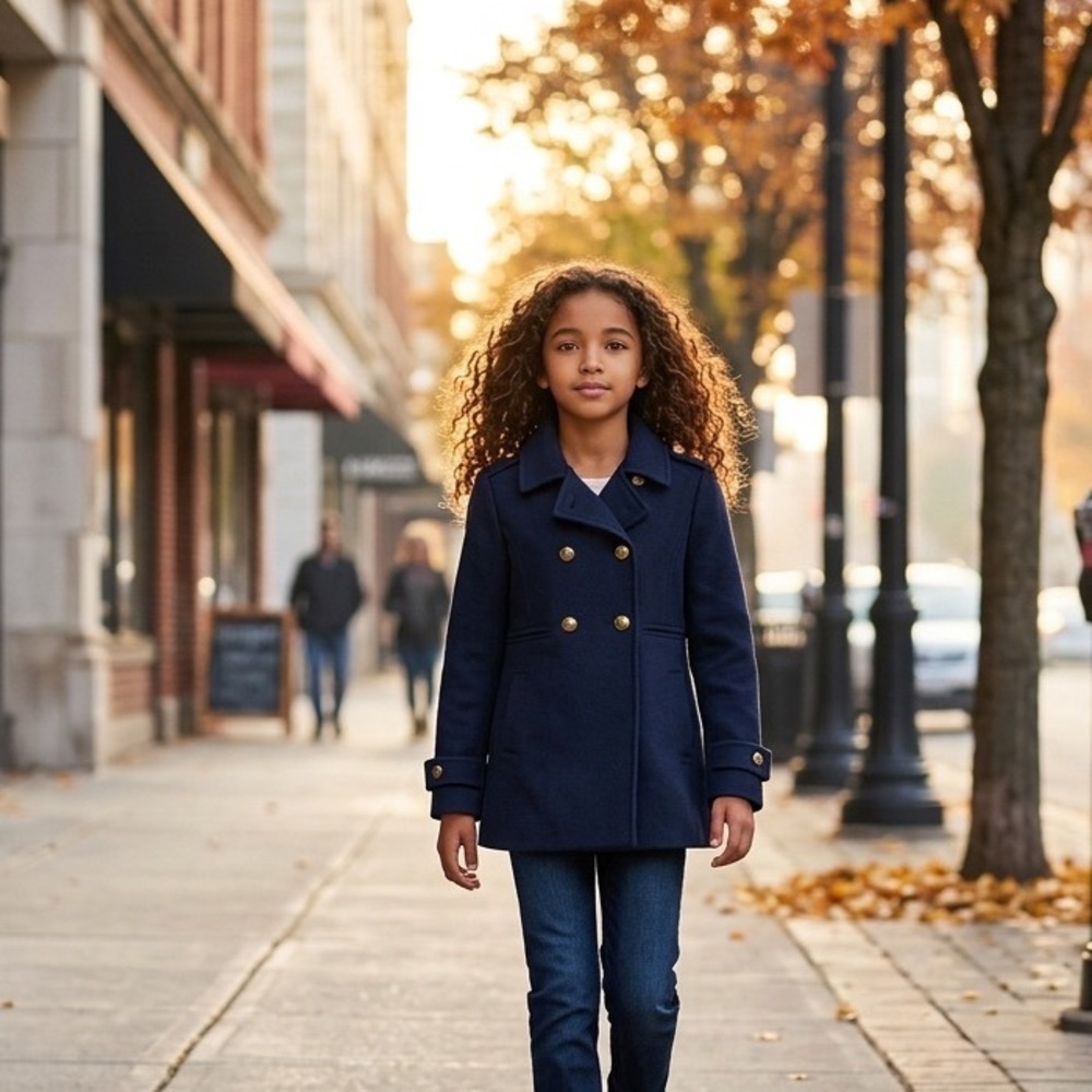 Gap Kids Girls Navy Blue Wool Blend Double Breasted Pea Coat Gold Buttons 10-11